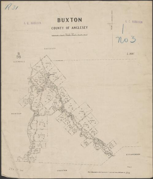 [Parish maps of Victoria]. Buxton, County of Anglesey [cartographic material] / photo-lithographed at the Department of Lands and Survey, Melbourne by J. Noone