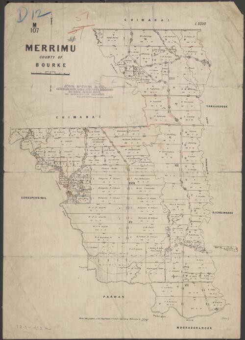 Merrimu, County of Bourke [cartographic material] / photo-lithographed at the Department of Lands and Survey Melbourne by J. Noone