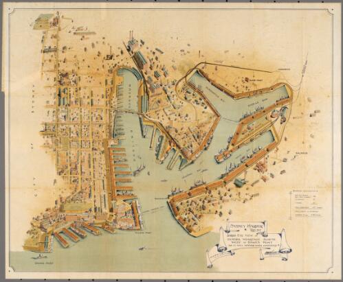 Birds eye view of general wharfage scheme west of Dawes Point as it will appear when completed [cartographic material] / H. D. Walsh, Engineer-in-Chief, W.E. Adams, Principal Assistant Engineer
