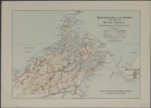 Marlborough & its sounds and part of Nelson District [cartographic material] : Middle Island of New Zealand / Issued by the New Zealand Government Department of Tourist and Health Resorts. H. E. Taylor, delt