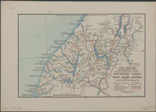 Reference map showing distribution of the southern lakes and west coast sounds with road connections &c [cartographic material] / issued by the New Zealand Government Department of Tourist and Health Resorts