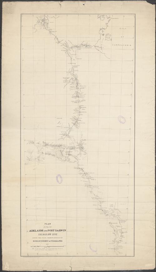 Plan shewing the Adelaide and Port Darwin telegraph line [cartographic material] / compiled from official documents supplied by the Superintendent of Telegraphs ; Surveyor General's Office Adelaide ; Frazer S. Crawford, Photo-lithographer