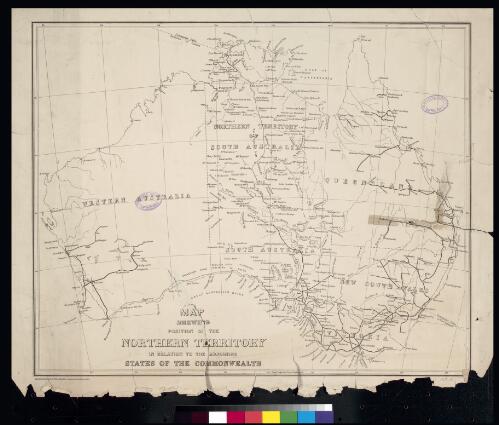 Map showing position of the Northern Territory in relation to the adjoining states of the Commonwealth [cartographic material] Surveyor General's Office, Adelaide ; A. Vaughan, Photo-lithographer