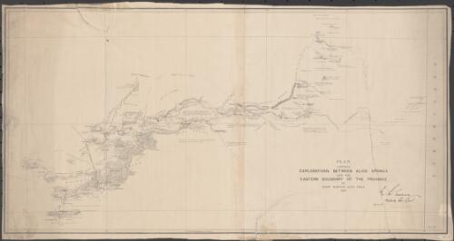 Plan shewing explorations between Alice Springs and The eastern boundary of the province [cartographic material] / by Henry Barclay A.I.C.E. F.R.A.S. ; Frazer S. Crawford, Photo. lithographer
