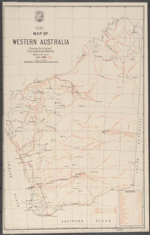 Map of Western Australia [cartographic material] : showing the principal exploration routes between the years 1836-1901 / Western Australia Dept. of Lands & Surveys ; Harry F.Johnston Surveyor General