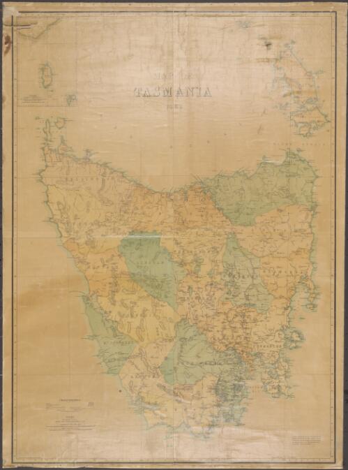 Map of Tasmania 1883 [cartographic material] / compiled and drawn from the most recent information by authority of the Honorable N.J. Brown, Minister of Lands and Works, under the superintendence of C.P. Sprent, Deputy Commissioner of Crown Lands, and Albert Reid, Chief Draughtsman, by Leventhorpe Hall