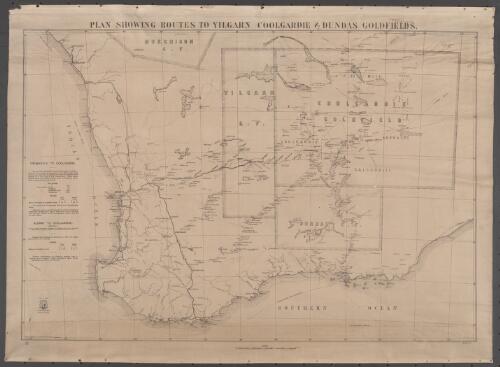 Plan showing routes to Yilgarn, Coolgardie & Dundas goldfields [cartographic material] / compiled & lithographed at the Dept. of Mines, Perth, W.A. ; G.S.B. Bonney del