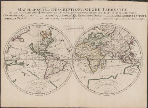 Mappe monde ou description du globe terrestre ... L' Hemisphere Occidental ... L' Hemisphere Oriental ... [cartographic material] / par le Sieur Sanson