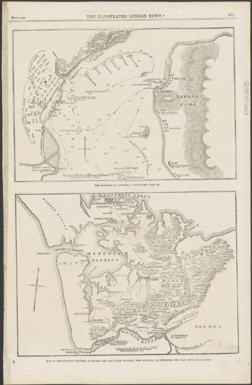 Map of the country between Auckland and the River Waikato, New Zealand, illustrating the war with the natives ; The harbour of Kagosima, Japan [cartographic material] / John Dower F.R.G.S. Delt