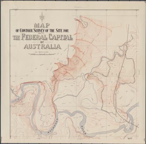 Map of contour survey of the site for the federal capital of Australia [cartographic material] / drawn on stone by Messrs. O. Fischer and A.G. von Stach under direction of E.S. Vautin ; drawn on stone and printed by the Department of Lands, Sydney, New South Wales, from original plan by F.J. Broinowski by authority of the Hon. Minister for Lands, September, 1910