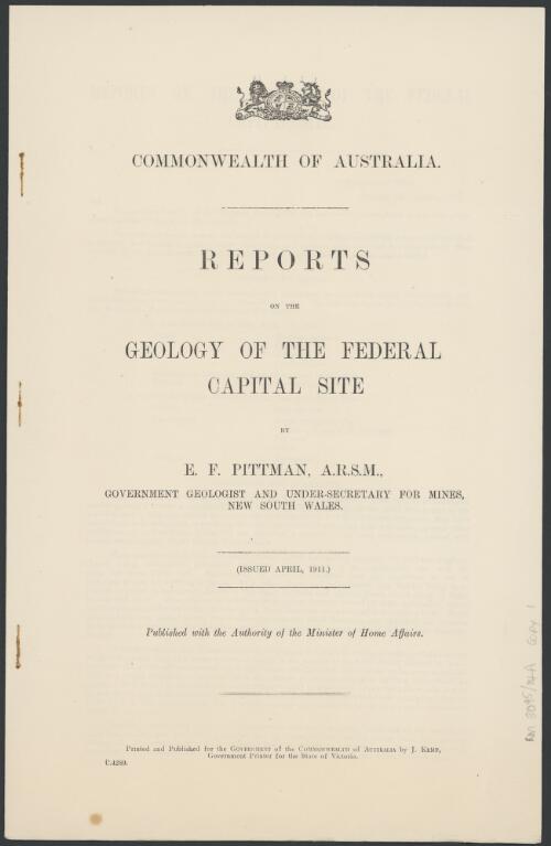 Reports on the geology of the Federal Capital site / by E. F. Pittman