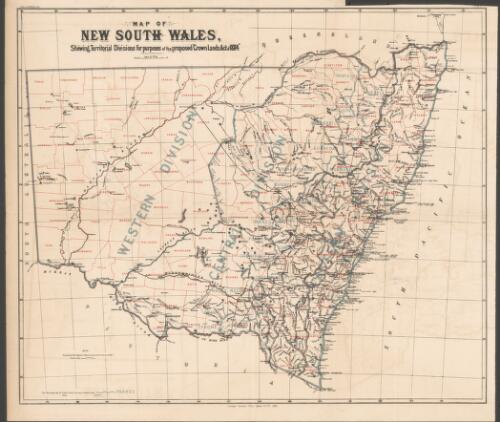 Map of New South Wales shewing territorial divisions for purposes of the proposed Crown Lands Act of 1884 [cartographic material] / Surveyor Generals Office, Sydney N.S.W., 1883