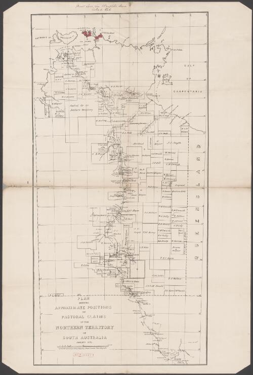Plan shewing approximate positions of pastoral claims in the Northern Territory of South Australia [cartographic material] / Surveyor General's Office