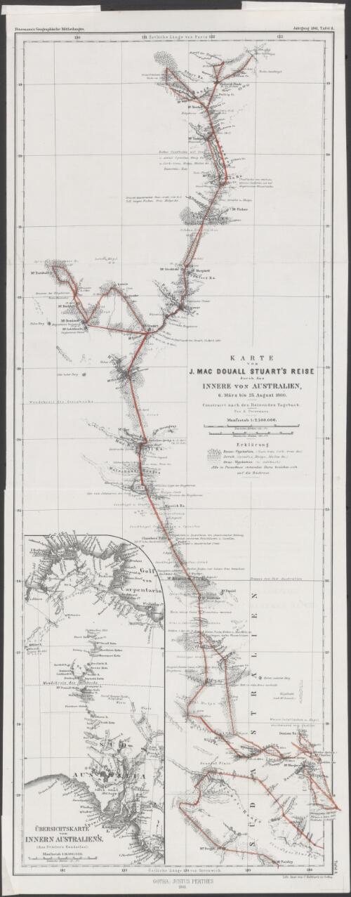 Karte von J. MacDouall Stuart's reise durch das Innere von Australien, 6. Marz bis 25. August 1860 [cartographic material] / construirt nach des reisenden Tagebuch von A. Petermann