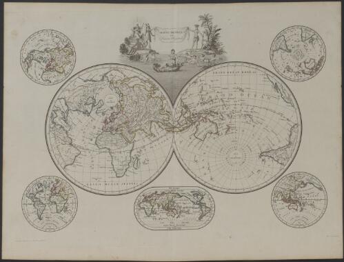 Mappe-mondes sur diverses projections [cartographic material] / grave par Chamouin rue de la Harpe no. 35 ; ecrit par Giraldon