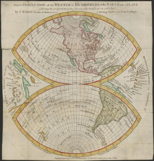 A new projection of the Western Hemisphere of the Earth on a plane [cartographic material] : (shewing the proportions of its several parts nearly as on a Globe) / by J. Hardy, (teacher of mathematics & writing master) at Eton College ; T. Bowen, delin. et sculptsit