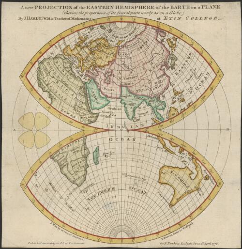 A new projection of the Eastern hemisphere of the earth on a plane [cartographic material] : (shewing the proportions of its several parts nearly as on a globe) / by J. Hardy, (W.M. & teacher of mathematics) at Eton College ; T. Bowen, delin. et sculpsit