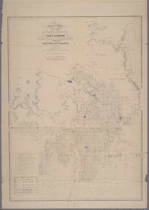 General plan showing natural features of the country, towns, reserves, roads & sectional lands at, and in the vicinity of Port Darwin, Northern Territory of South Australia [cartographic material] / surveyed during 1869 by Mess'rs. Woods ... [et al.] and Mess'rs Thomas ... [et al.] under direction of the Surveyor General