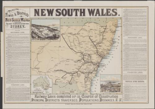 New South Wales [cartographic material] : railway lines completed or in course of construction, principal districts traversed, populations, distances, &c. &c