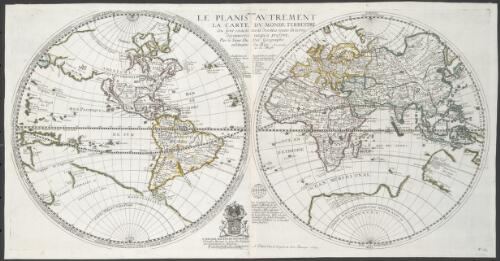 Le planisphere autrement la carte du monde terrestre, ou sont exactement descrites toutes les terres decouvertes jusqu'a present [cartographic material] / par le Sieur Du Val geographe ordinaire du Roy, avec privilege de sa Majeste