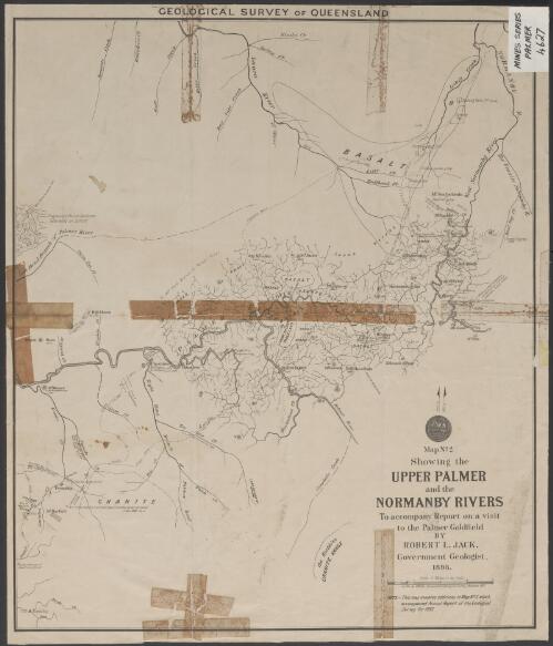 Map no. 2 showing the Upper Palmer and the Normanby Rivers [cartographic material] : to accompany Report on a visit to the Palmer Goldfield / by Robert L. Jack, Government Geologist, 1898