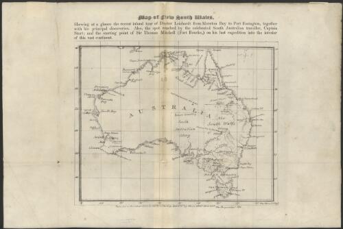 Map of New South Wales, shewing at a glance the recent inland tour of Doctor Leichardt from Moreton Bay to Port Essington, together with his principal discoveries [cartographic material] / Thos. Ham lithog