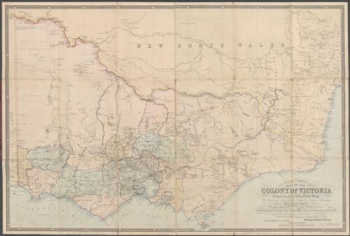 Tulloch & Brown's map of the Colony of Victoria [cartographic material] : comprising part of New South Wales, the boundaries, counties, also seaport & inland townships, the gold fields with the latest discoveries, roads, tracks, &c. &c. / compiled from drawings in the Survey Office and correctly revised till 1857