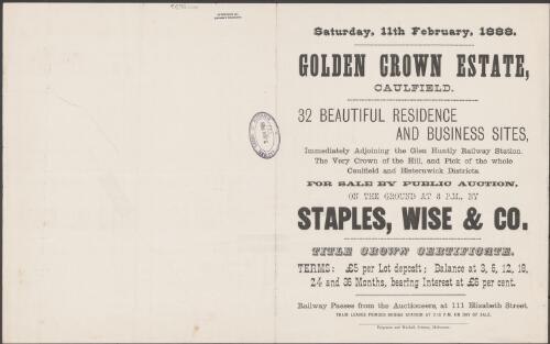 Golden Crown Estate, Caulfield [cartographic material] : Saturday, 11th February, 1888, 32 beautiful residence and business sites, for sale by public auction, on the ground at 3 p.m., by Staples, Wise & Co