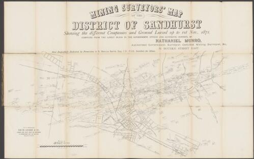 Mining surveyors' map of the district of Sandhurst [cartographic material] : showing the different companies and ground leased up to 1st Nov., 1871 / compiled from the latest plans in the government offices and authentic surveys by Nathaniel Munro
