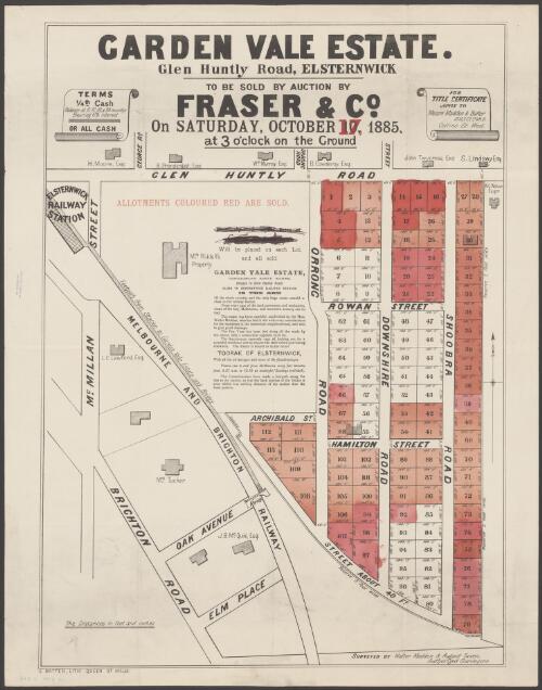Garden Vale Estate, Glen Huntly Road, Elsternwick / [cartographic material] : to be sold by auction by Fraser & Co., on Saturday, October 17th, 1885, at three o'clock on the ground