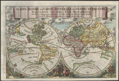 Mappe-monde ou carte générale du globe terrestre, représentée en deux plan-hémisphéres [cartographic material] / reveue et changée en plusieurs endroits suivant les relations les plus récentes par le Sr. Sanson, géographe ordinaire de sa Majesté