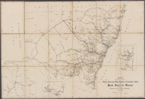 Map shewing the postal stations, mail roads & telegraph lines in New South Wales [cartographic material] / prepared by the Postal Department, October 1885