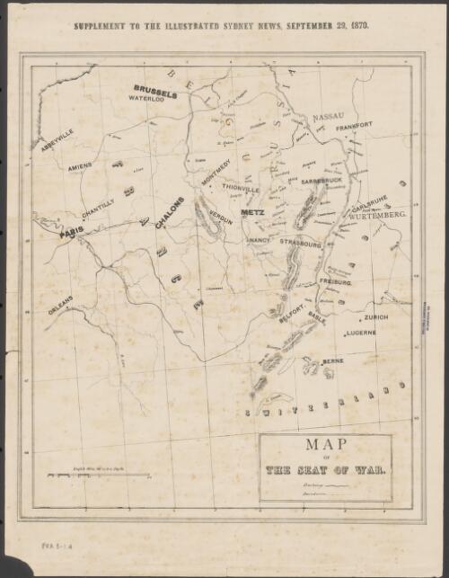 Map of the seat of war [cartographic material] : [France] : supplement to The Illustrated Sydney News, September 29, 1870