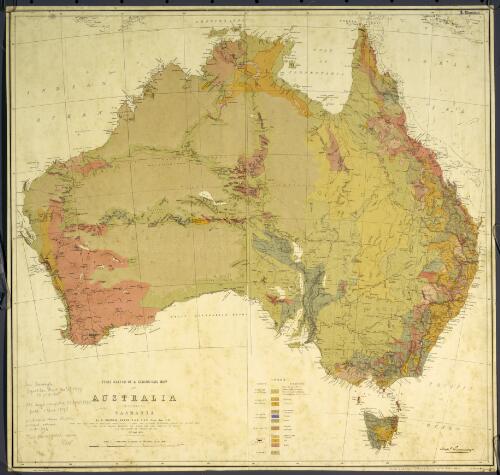 First sketch of a geological map of Australia including Tasmania [cartographic material] / by R. Brough Smyth, F.G.S., F.L.S., Assoc. Inst. C.E. ... 25th April 1873