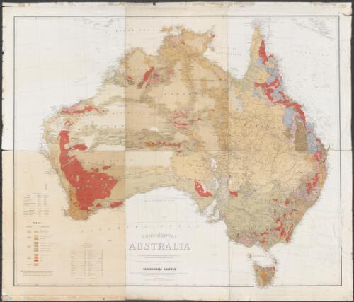 Continental Australia [cartographic material] : from the most recent information & materials supplied by the survey departments of the several colonies / geologically colored by Arthur Everett under the direction of C.W. Langtree, Secretary for Mines and Water Supply and Chief Mining Surveyor for the Colony of Victoria, The Hon. Duncan Gillies M.P., Minister of Mines, Melbourne 1887