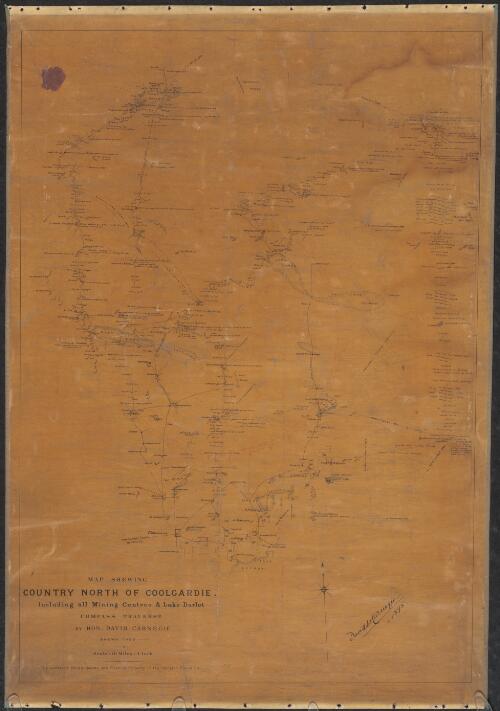 Map shewing country north of Coolgardie [cartographic material] : including all mining centres & Lake Darlot : compass traverse / by David Carnegie