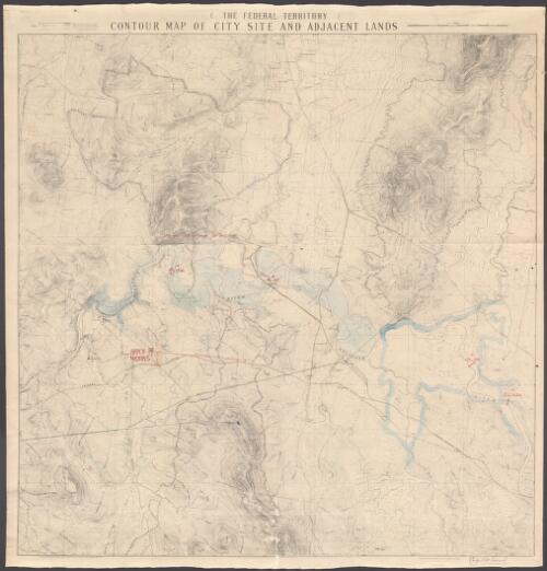 [Flood levels 1915, with current works] [cartographic material] : [on base map] The Federal Territory contour map of city site and adjacent lands / compiled & drawn by Department of Home Affairs, Lands & Survey Branch, Canberra, June 1914 ; Charles Robert Scrivener