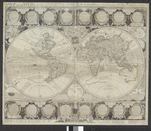 A map of the world or terrestrial globe in two planispheres [cartographic material] : laid down from the observations of the Royal Academy of Sciences wherein as an introduction to the study of geography are inserted several things relating to the doctrine of the Earth, the globe as an explanation of the circles, the zones of & climates, longitude & latitude, its inhabitants the antipodes Antœci & Periœci an account of the terms by which the several parts of the Earth & waters are called