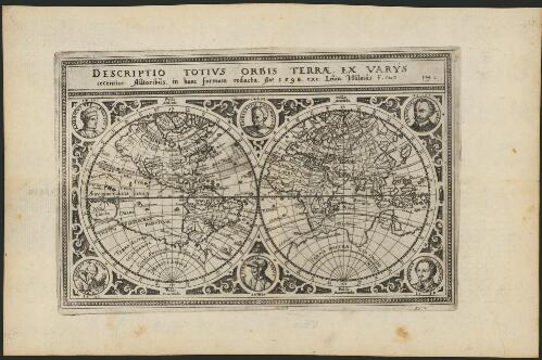 Descriptio totius orbis terrae, ex varÿs recentior [cartographic material] / autoribus in hanc formam redacta. Ano. 1598 / exc: Leuin [i.e. Levin] Hulsius. F