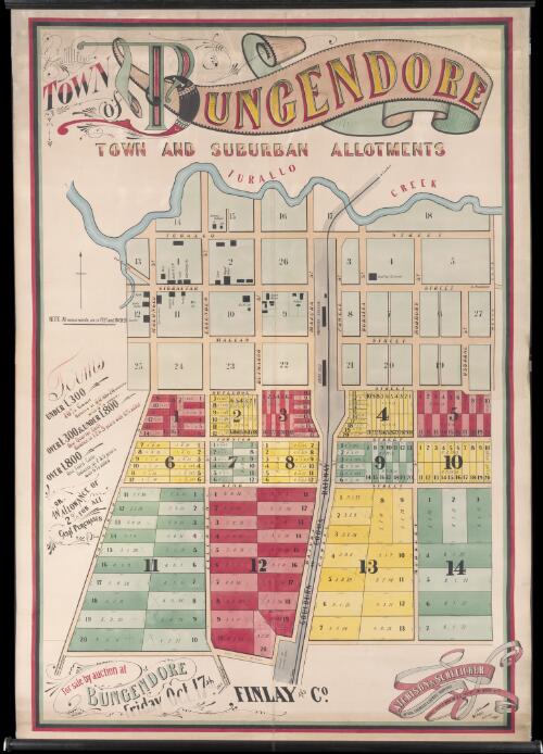 Town of Bungendore [cartographic material] : town and suburban allotments : for sale by auction at Bungendore Friday Oct. 17th 1884 / Finlay and Co. ; W. H. Bonney, draftsman