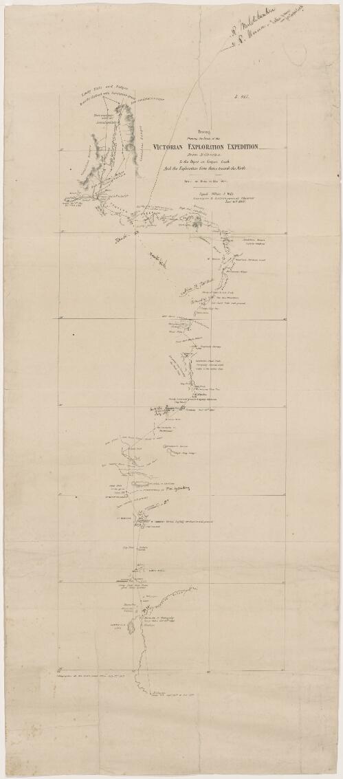 Tracing shewing the route of the Victorian Exploration Expedition [cartographic material] : from Bilbarka up to the Depot on Cooper's Creek and the explorations from thence towards the north / signed William J. Wills, surveyor & astronomical observer Decr. 14th 1860