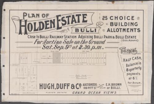 Plan of Holden Estate, Bulli [cartographic material] : 25 choice building allotments close to Bulli Railway Station adjoining Bulli Park & Bulli Estate (Geo. Adams) for auction sale by public auction on the ground Sat. Sep. 9th at 2.30 p.m. / Hugh, Duff & Co. auctioneers 109 Pitt St. in conjunction with E.H. Brown of Bulli