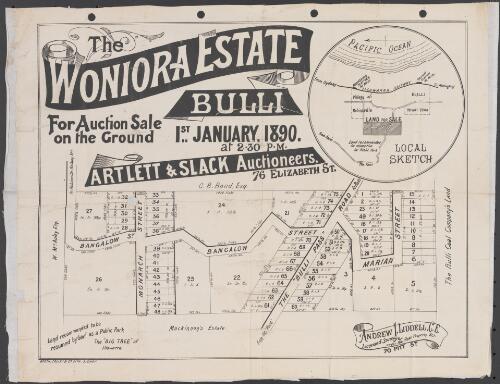 The Woniora Estate, Bulli [cartographic material] : for auction sale on the ground 1st January, 1890 at 2.30 p.m.  / Artlett & Slack, auctioneers, 76 Elizabeth St