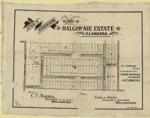 Ryan's subdivision of part of Balgownie Estate, Illawarra [cartographic material] / D. L. Dymock, Kiama in conjunction with George Musgrave, Wollongong, auctioneers