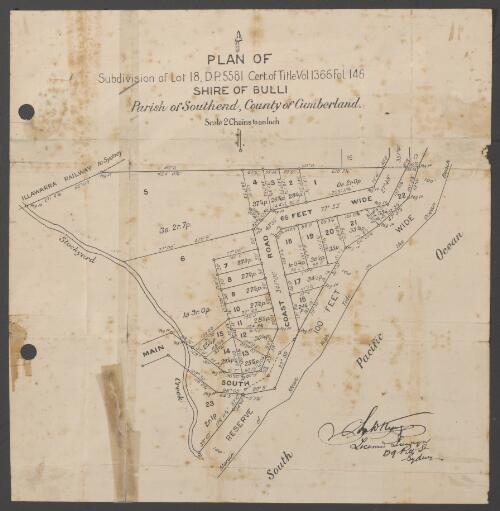 Plan of subdivison of Lot 18, D.P. 5581, cert. of title vol. 1366, fol. 146, Shire of Bulli, Parish of Southend, County of Cumberland [cartographic material]