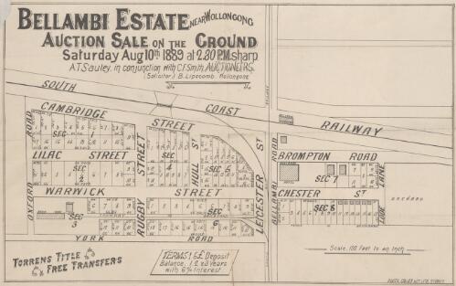 Bellambi Estate, near Wollongong [cartographic material] : auction sale on the ground, Saturday Aug. 10th 1889 at 2.30 p.m. sharp ; A.T. Sauley, in conjunction with C.F. Smith, auctioneers ; solicitor, B. Lipscomb, Wollongong