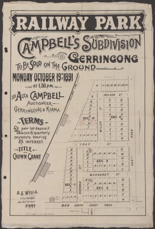 Railway Park, Campbell's subdivision, Gerringong [cartographic material] : to be sold on the ground Monday October 19th 1891 at 1.30 p.m. / by Alex Campbell, auctioneer, Gerringong & Kiama