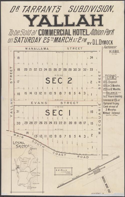 Dr. Tarrant's subdivision, Yallah [cartographic material] / to be sold at Commercial Hotel, Albion Park, on Saturday 25th March at 2 p.m. ; by D.L. Dymock, auctioneer, Kiama