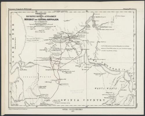 Übersicht der neuesten Reisen und Aufnahmen im Seegebiet von Central-Australien [cartographic material] / von A. Petermann