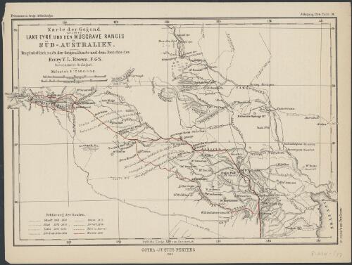 Karte der Gegend zwischen Lake Eyre und den Musgrave Ranges in Süd-Australien [cartographic material] : Hauptsächlich nach der Originalkarte und dem Berichte des Henry Y.L. Brown, F.G.S., government geologist